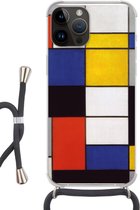 Geschikt voorApple Iphone 14 Pro Max - Crossbody Case - Compositie A - Piet Mondriaan - Siliconen - Crossbody - Backcover met Koord - Telefoonhoesje met koord - Hoesje met touw