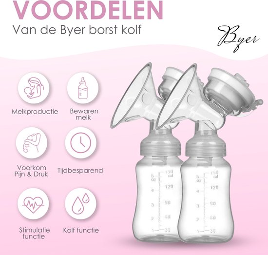 BYER Elektrische Dubbele Borstkolf Kolfapparaat - Luxe Comfort Kolfset - 2X Babyfles/Kolf - 100% BPA-Vrije Borstpomp - 150 ml van BYER — afbeelding 2