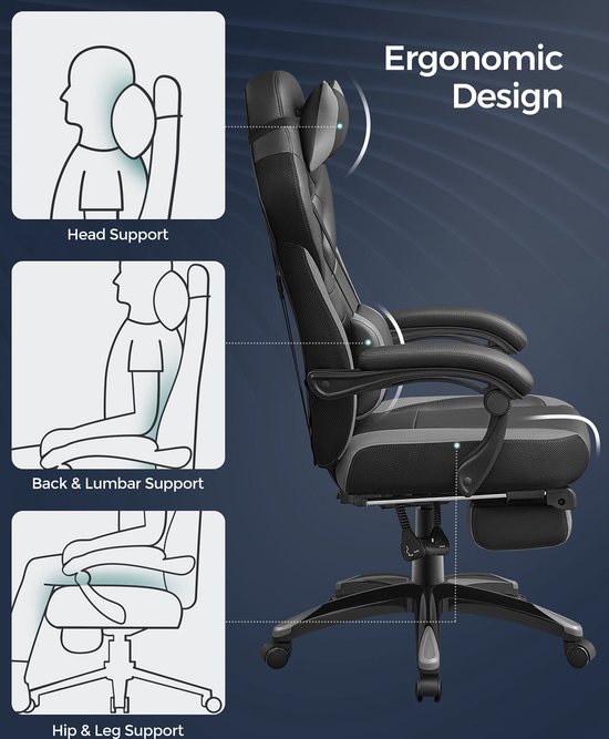 Chaise Gaming avec Massage, Fauteuil de Bureau avec Repose Pieds,  Appui-tête, Support Lombaire, Charge 150 kg