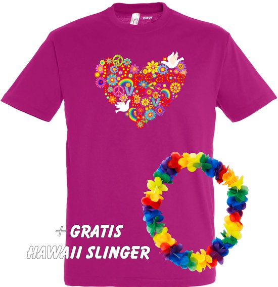 T-shirt Love Peace Hart | Love for all | Gay pride | Regenboog LHBTI | Fuchsia | maat 5XL
