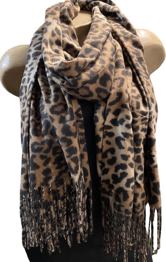 Dames lange sjaal warm met panterprint bruin-beige