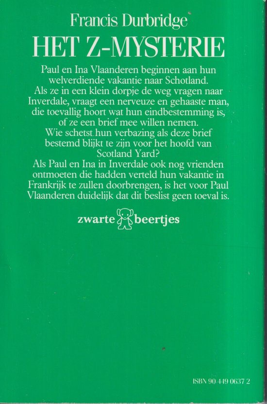 Boekomslag van 'Het Z-Mysterie' door Francis Durbridge. Groene achtergrond met tekst.