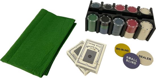 Afbeelding van het spel Pokerset - 200 Pokerchips - Inclusief Kaarten, Pokermat en Dealerbutton, Big Blind Button en Small Blind Button