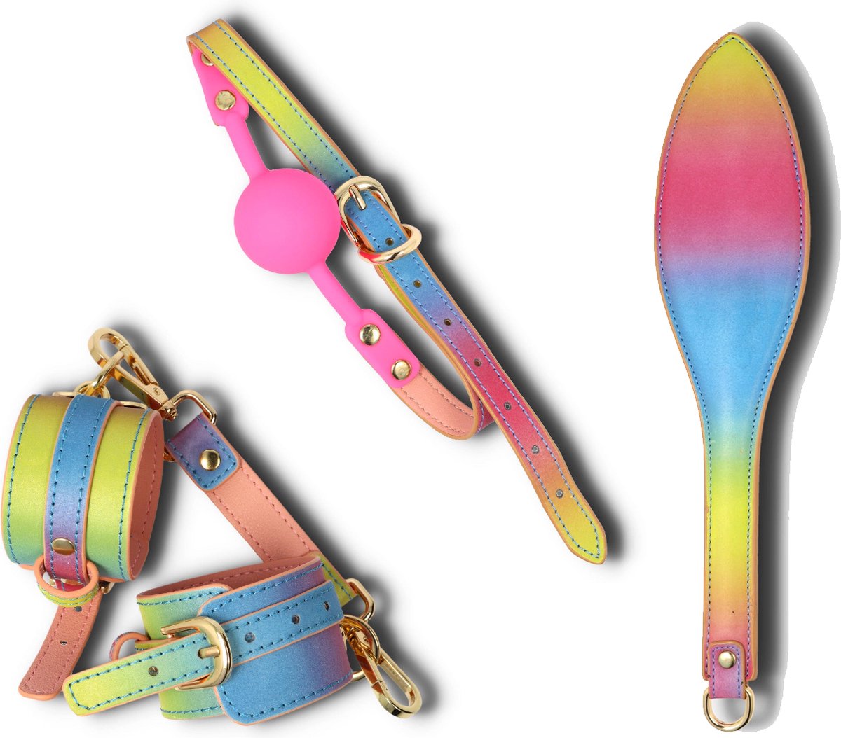 Peech - Pastel BDSM Set in leder - Handboeien - Gag - Paddle in pastelkleuren - bondage - beginners - ballgag - zweep - restraints - cuffs - Leer - Leather