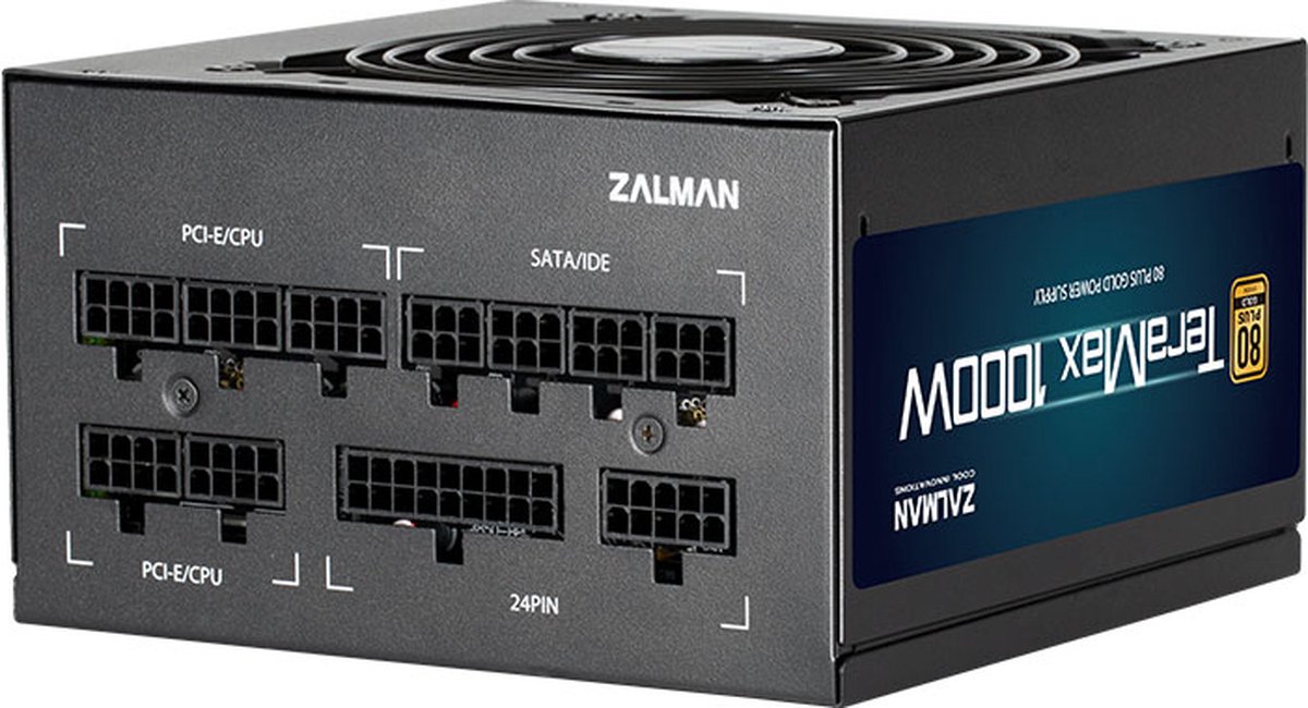 Zalman ZM1200-TMX TeraMax 80 PLUS GOLD PSU 1200W/ Full-modular, 99.9% Active PFC/ Single rail 12V DC-to-DC Convertor/ Japanese 105?C Capacitors/ 120mm fan(Max. 2000RPM), FDB bearing/ Multiple Protection: OVP, UVP, SCP, OPP, OCP, OTP/ 7 Year Warranty