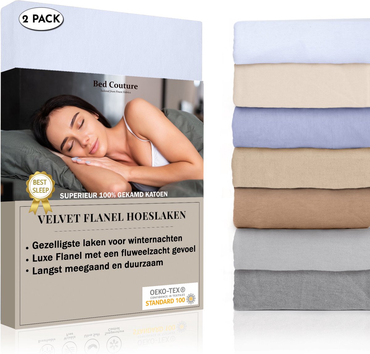 Bed Couture Velvet Flanel Hoeslaken - 100% Gekamd Katoen - Hoge Hoek 30cm - 2x Eenpersoons 90x200 cm - Wit (2-Pack)