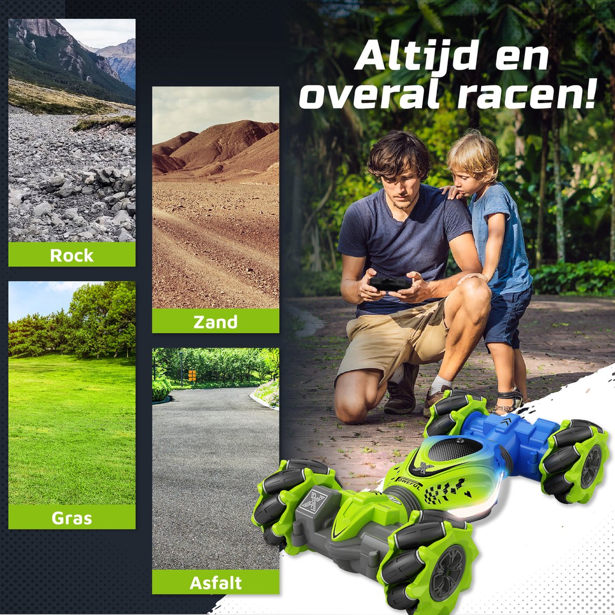Huntex RC Stunt Car - Inclusief Extra Accu en batterijen - Radiografisch Bestuurbare Auto - Offroad - Transformerende Auto - Volwassenen en Kind - Blauw/Groen - 4wd Twist — afbeelding 5