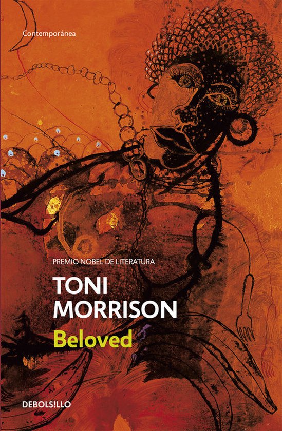 Boek "Beloved" van Toni Morrison met op de voorkant een abstracte illustratie van een gezicht en figuur in warme tinten.