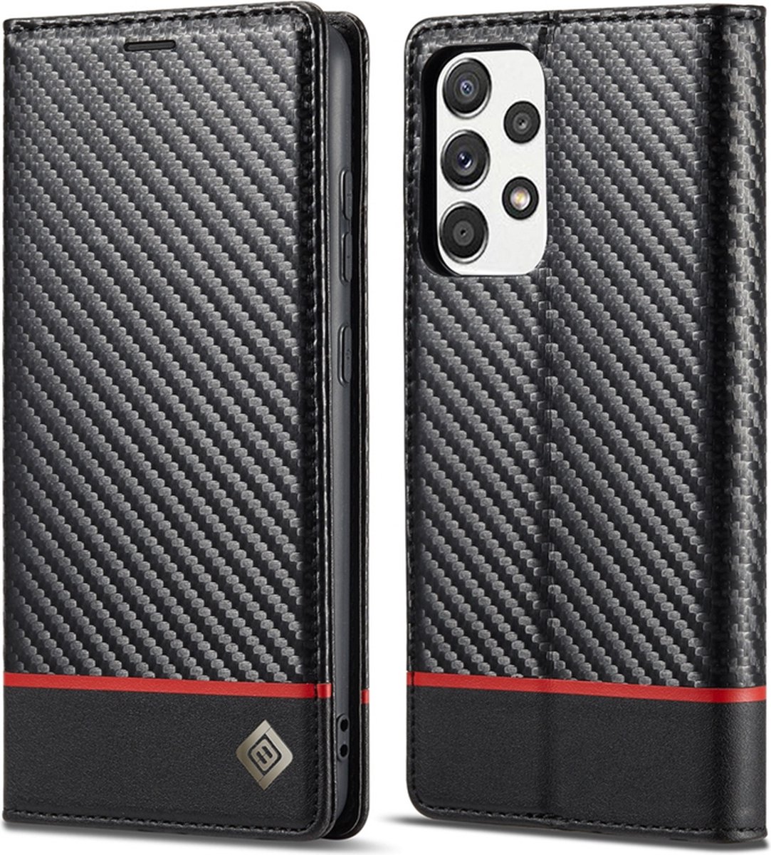 Luxe BookCover Hoes Etui voor Samsung Galaxy A52 Zwart-Rood-Carbon *2