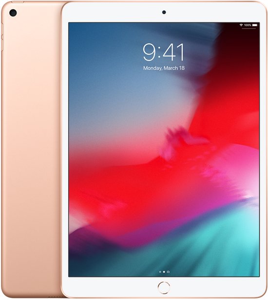 Gouden iPad Air, voorkant met tijd en datum, en achterkant.