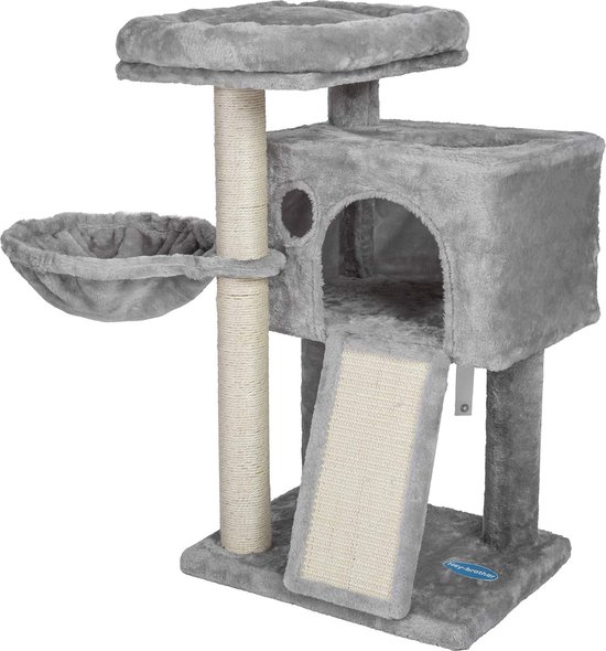 FEANDREA Stabiele krabpaal met freetnap, Kattenboom met 2 holten voor 2 katten, Kattenkrabpaal met sisalstammen, antraciet PCT57G