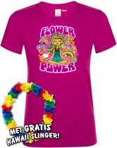Dames T-shirt Hippie Girl Meditation Flower Power | Toppers in Concert 2022 | Carnaval | Carnavalskleding dames heren | Fuchsia dames | maat XS