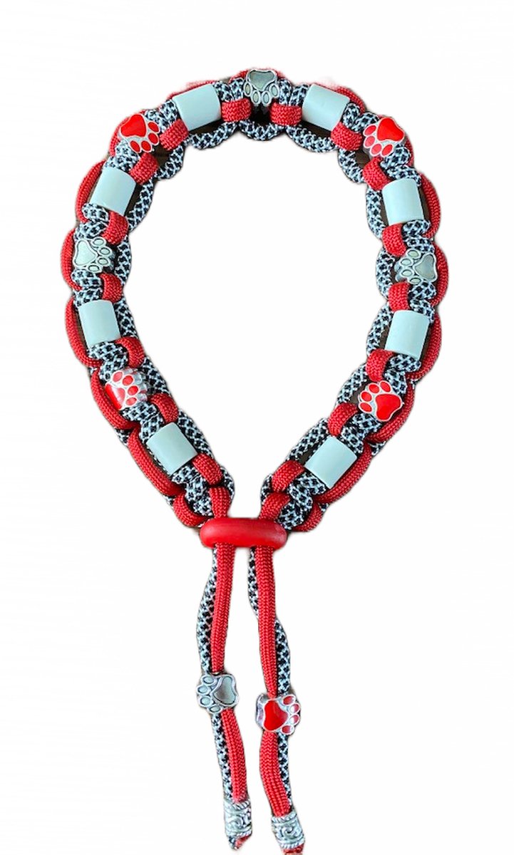 Anti-tekenband hond - Gigi - lengte 30 cm - nekomvang vanaf 29 tot en met 34 cm - werkt ook tegen vlooien - originele EM-X kralen - rood/zwart/grijs - rode en zilverkleurige hondenpootjes - op=op