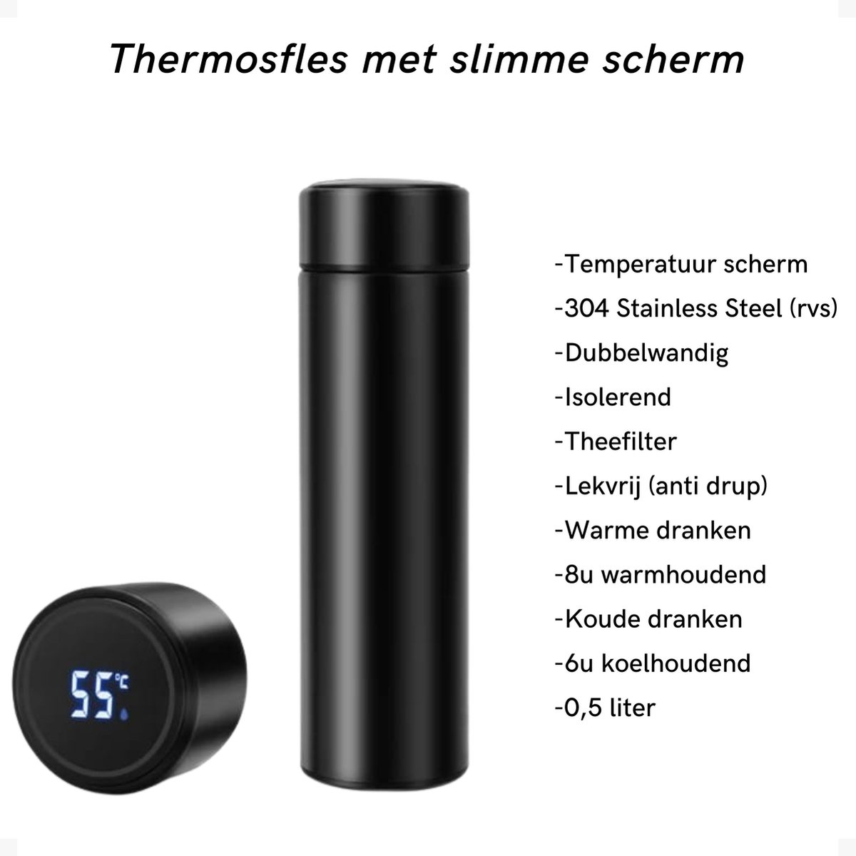 Drinkfles - ZWART - met temperatuur scherm - Koffiebeker - Thermoskan - Thermosbeker - voor kinderen en volwassenen - Waterfles - 0,5 liter - Warme en Koude dranken - RVS