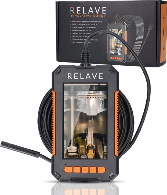 Relave inspectiecamera met 4.3 inch scherm, zwarte flexibele kabel en oranje bedieningsknoppen. De verpakking is zichtbaar.