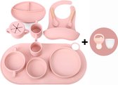Kinderservies 12 delig - Roze - Baby servies set - Baby servies - Kinderbestek - Oefenbestek - Drinkbeker - Kom met zuignap - Kinderbord