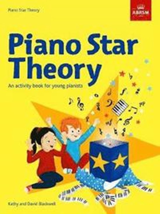 Couverture jaune du livre "Piano Star Theory" en lettres bleues. Deux enfants regardent joyeusement une boîte à étoiles d'où s'échappent des notes de musique.