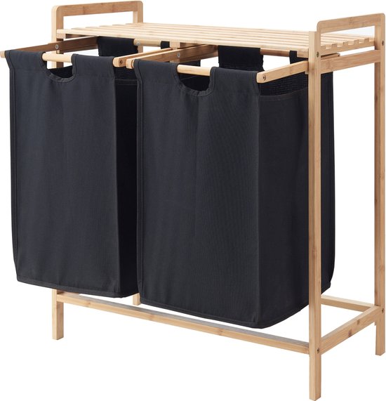 Sorteren Wasgoed Relaxdays Wasmand Met 2 Vakken - 80 Liter, Op Wieltjes, Bamboe & Stof, Was Sorteren (natuur/grijs) Relaxdays Wasmand 2 Vakken 80 Liter Met Wieltjes