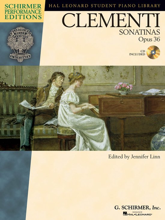 Couverture du livre 'Clementi Sonatinas Opus 36'. Une peinture d'un homme et d'une femme à un piano dans une pièce historique.