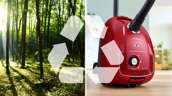 Collage van een bos en een rode Bosch stofzuiger met recycle-logo.