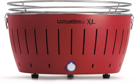 Rode LotusGrill XL barbecue met sleuven en roestvrijstalen grillrek.