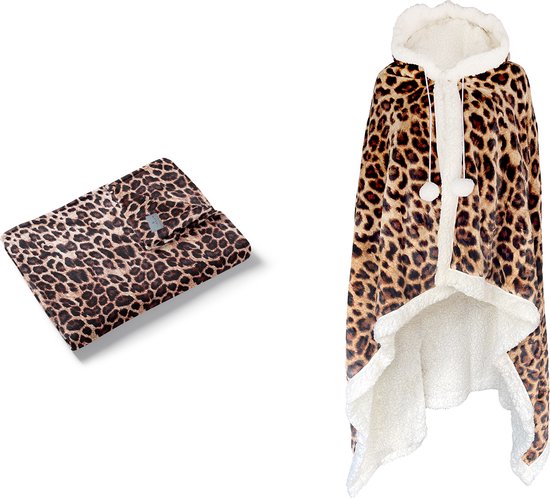 Linnick Flannel Fleece Blanket + Hoodie with Hood Leopard - marron - 140x200cm - 130x180cm - Plaid