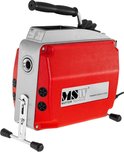 Rode en zilverkleurige pijpreinigingsmachine met handvat en steunen.