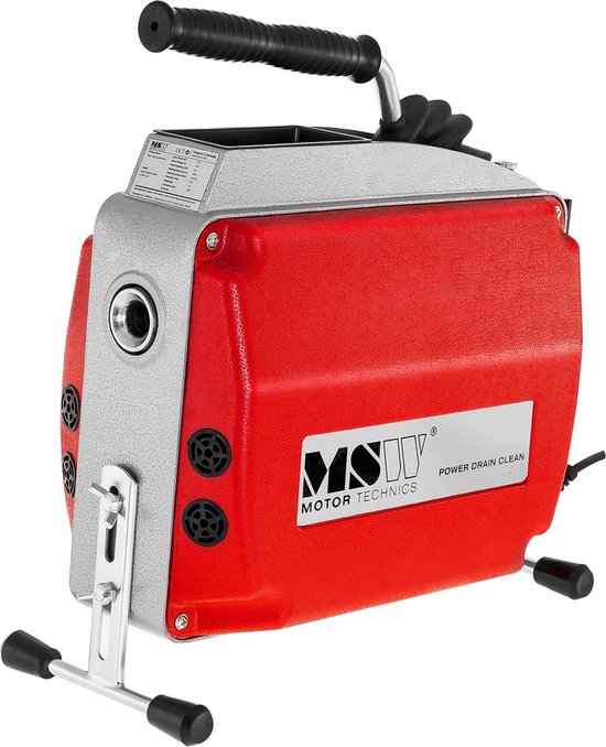 Rode en zilverkleurige pijpreinigingsmachine met handvat en steunen.