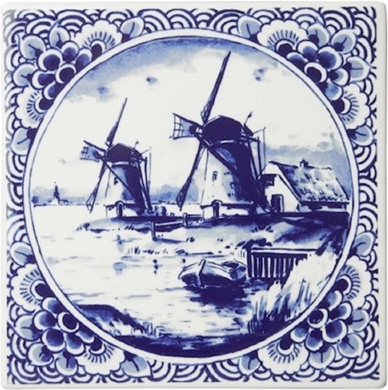 Tegel Molens | Delfts Blauw | Heinen Delfts Blauw | Souvenir | 13 x 13 cm