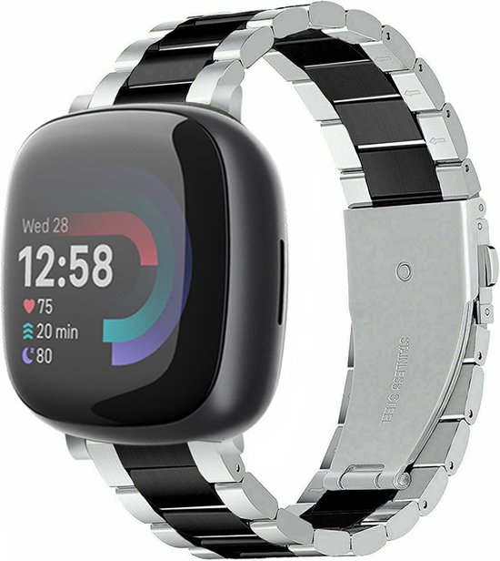 Strap-it Stalen schakel bandje - horlogeband metaal geschikt voor Fitbit Versa 4 / Sense 2 - zilver/zwart