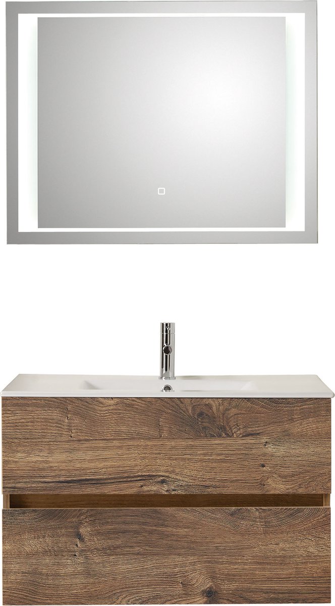 Badkamermeubel Pelipal Cento 91 cm wastafelonderkast greeploos met luxe spiegel Eiken Ribbeck met kraangat