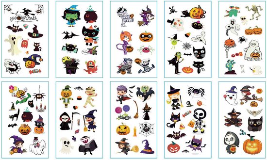 Halloween Kinderen Neptattoo set- 10 vellen 85 stuks- Heksen en Vampieren- Carnaval- plak tattoo-tattoo sticker voor halloween