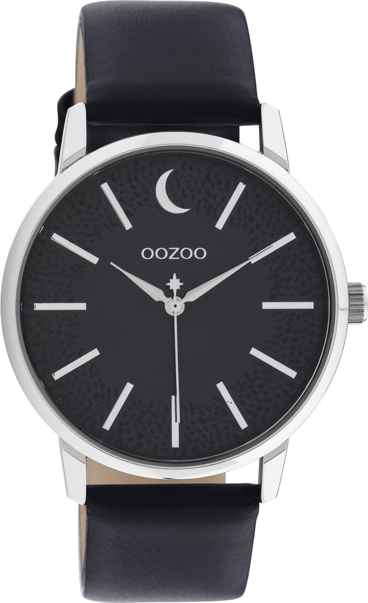 OOZOO Timpieces - zilverkleurige horloge met donker blauwe leren band - C11043
