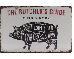 Wandbord – The Butchers Guide - Slager - Retro - Wanddecoratie – Reclame bord – Restaurant – Kroeg - Bar – Cafe - Horeca – Metal Sign – 20x30cm