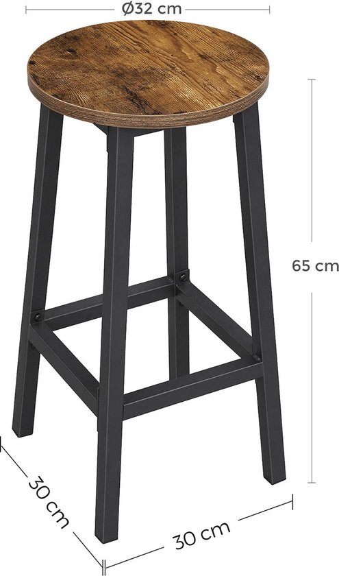 Hoppa! barkruk, set van 2 barstoelen, keukenstoelen met stevig stalen frame, hoogte 65 cm, rond, eenvoudig te monteren, industriële stijl, vintage bruin-zwart
