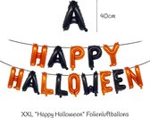 XXL decoratieset voor Halloween om te griezelen | "Happy Halloween" folieballonnen + 2 XXL griezel-folieballonnen + 18 ballonnen met motieven + 20 plastic spinnen tafeldecoratie + lichtspinnenweb