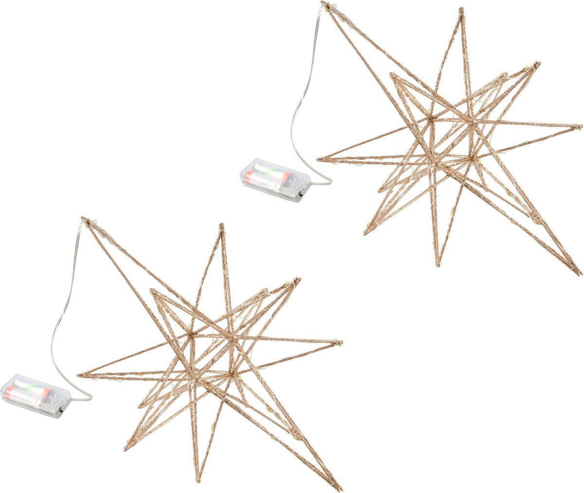 Verlichte kerststerren - 2x stuks - goud - kunststof - 36 cm - op batt