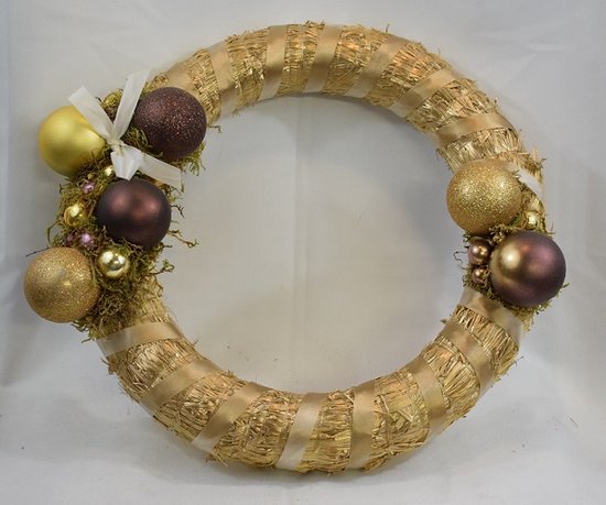 Kerstkrans - bordeaux - goud - stro -kunststof - Ø 40 cm