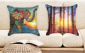 Ulticool  - Kussenhoes - Olifant Zon Boho Bohemian Zonsondergang - Set van 2 stuks - Sierkussens 45x45 cm - Sierkussenhoes Accessoires - Kussentjes Bank voor Decoratie Woonkamer Slaapkamer Jeugdkamer Kinderkamer Babykamer - Oranje Paars Blauw Geel