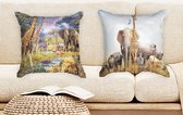 Ulticool  - Kussenhoes - Safari Dieren Natuur Giraffe Olifant - Set van 2 Kussens Exclusief Kussenvulling - Sierkussens 45x45 cm - Sierkussenhoes Accessoires - Kussentjes Bank voor Decoratie Slaapkamer Jeugdkamer Kinderkamer Babykamer - Kaki Beige