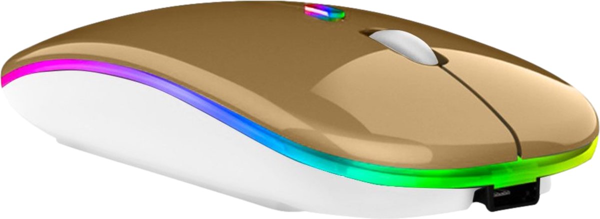 RC Choice Draadloze Computermuis - Draadloos 2.4 GHz USB & Bluetooth 5.2 Verbinding - RGB LED Verlichting - Goud