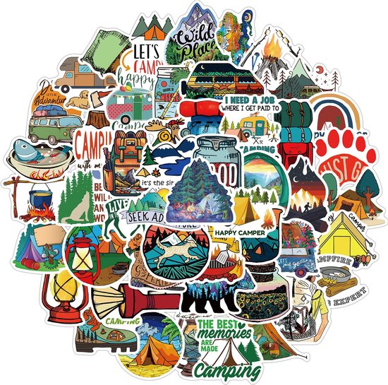 Winkrs | Camping Stickers | Kampvuur, outdoor, tent, beer, kamperen | 50 stuks