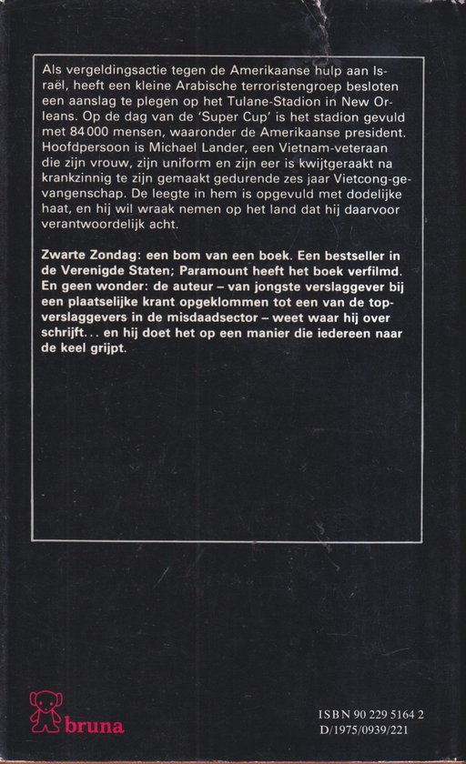 Achterkant boek "Zwarte Zondag" met tekst en logo "bruna". ISBN 90 229 5164 2.