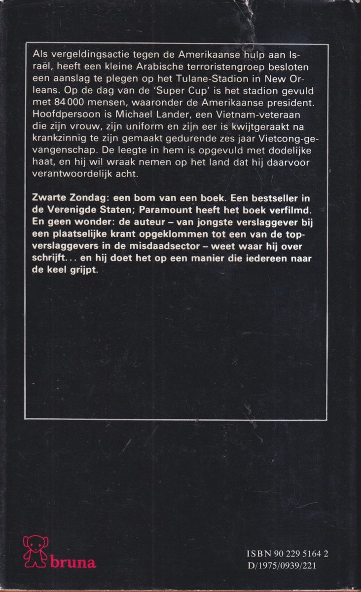 Achterkant boek "Zwarte Zondag" met tekst en logo "bruna". ISBN 90 229 5164 2.