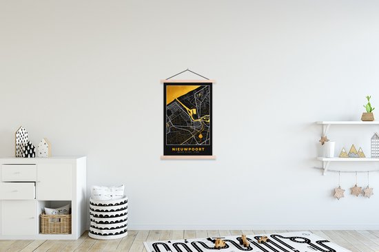 Posterhanger incl. Poster 60x90 cm - Schoolplaat - Kaart - Stadskaart - Plattegrond - Nieuwpoort - Goud - Textielposter - Blanke latten - Stadskaart