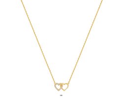 Twice As Nice Halsketting in 18kt verguld zilver, 2 open hartjes, zirkonia 38 cm+5 cm