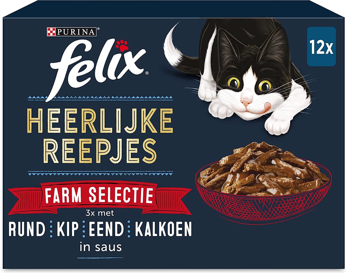 Felix Heerlijke Reepjes Farm Selectie Kattenvoer, Natvoer met Rund, Kip, Eend, Kalkoen in Saus; 12 x 80g - doos van 4 (48 portiezakjes; 3,84kg)