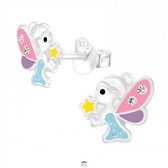 Oorbellen meisje | Zilveren kinderoorbellen | Zilveren oorstekers, elfje met gekleurde vleugels met kristallen en gele ster