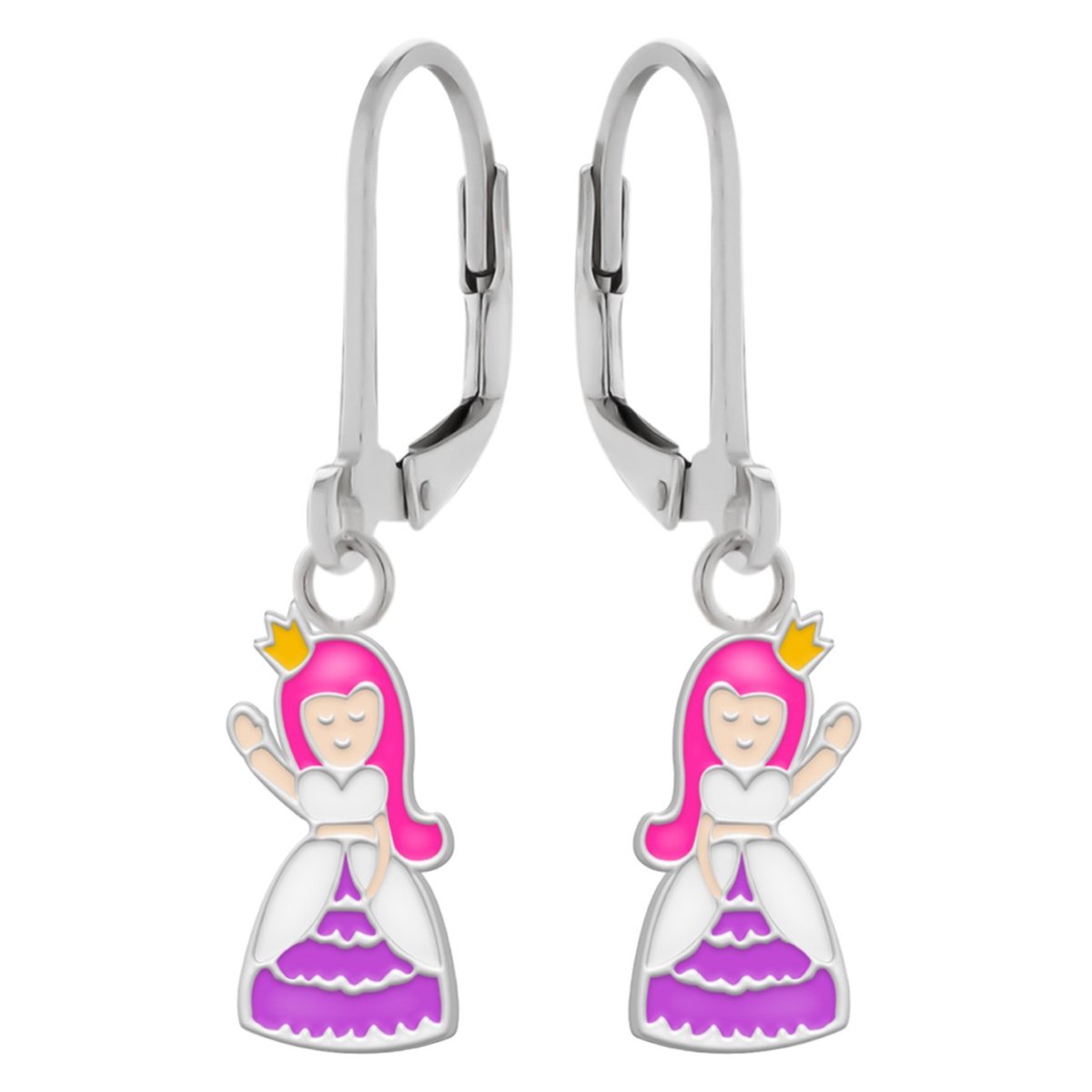 Oorbellen meisje | Zilveren kinderoorbellen | Zilveren oorhangers, zwaaiende prinses met roze haar