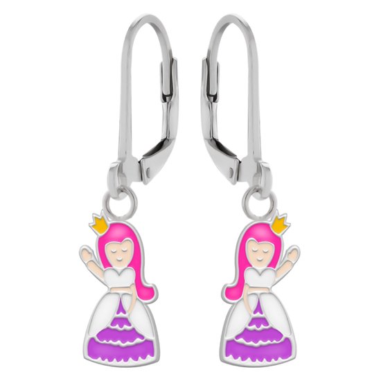 Oorbellen meisje | Zilveren kinderoorbellen | Zilveren oorhangers, zwaaiende prinses met roze haar